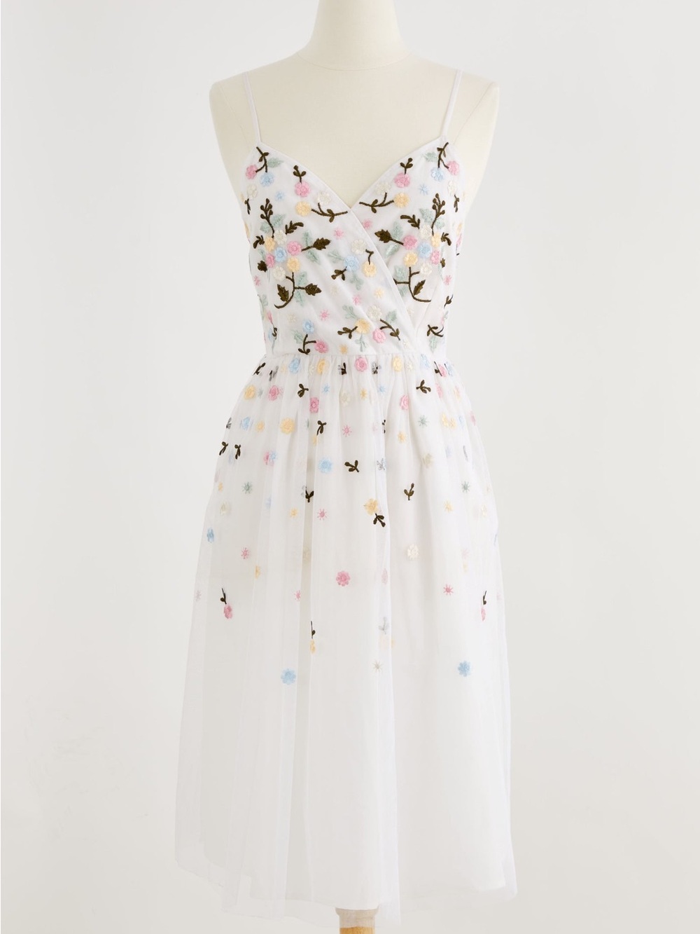 J. Peterman White Mesh Midi Dress with Pastel Floral Embroidery